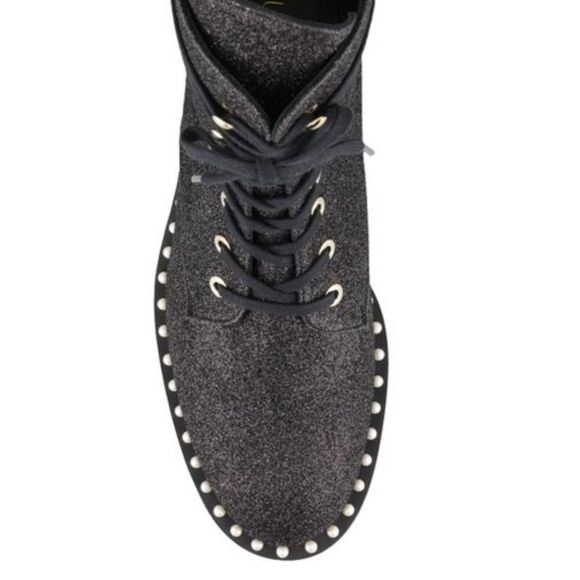 Stuart Weitzman|Sondra Bead Embellished Black Glitter Combat Boots, 6 - Picture 6 of 16